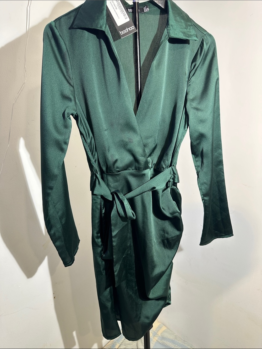 Boohoo Dark Emerald Satin Wrap Dress with Waist Tie